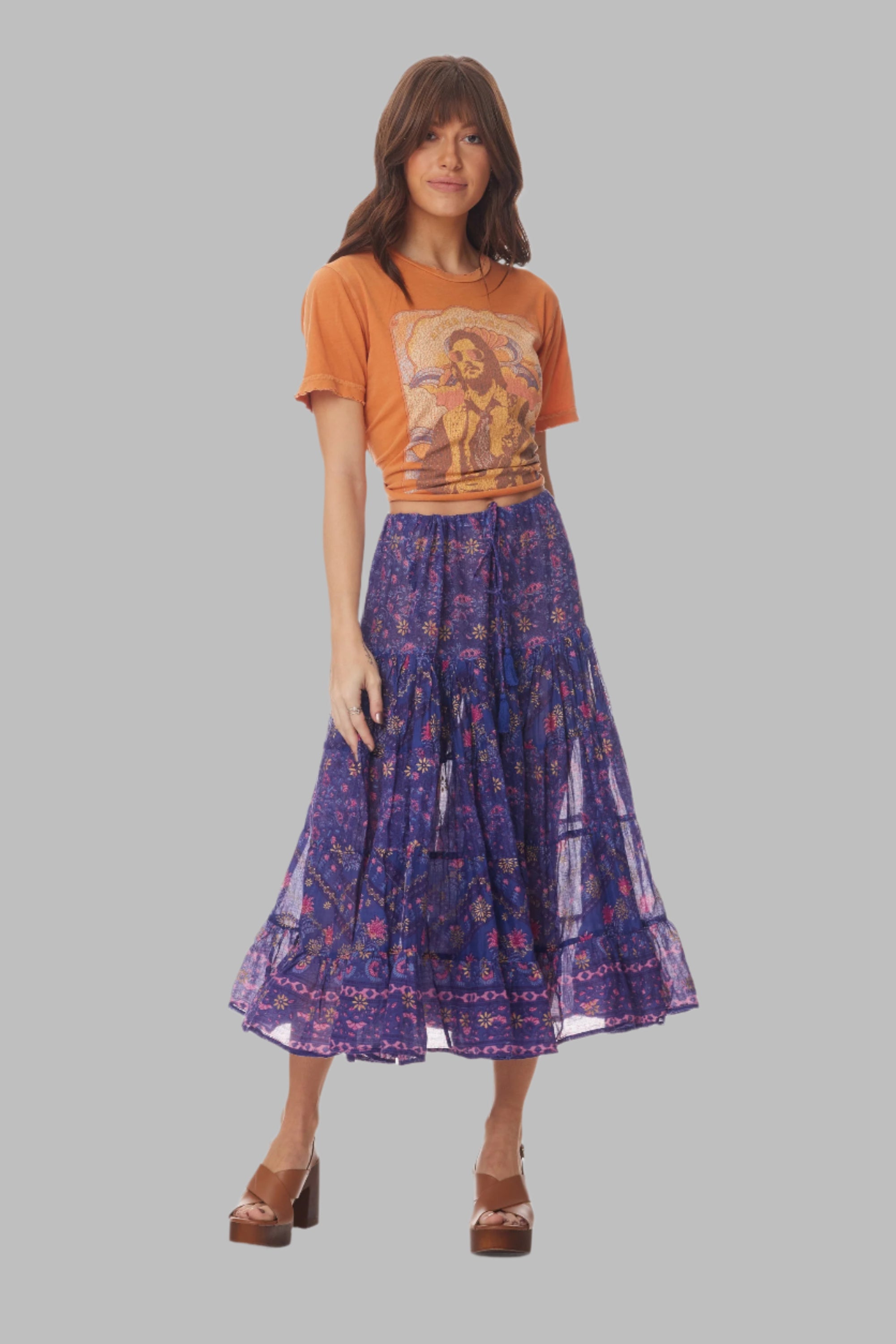 Rosa Printed Midi Skirt Indigo