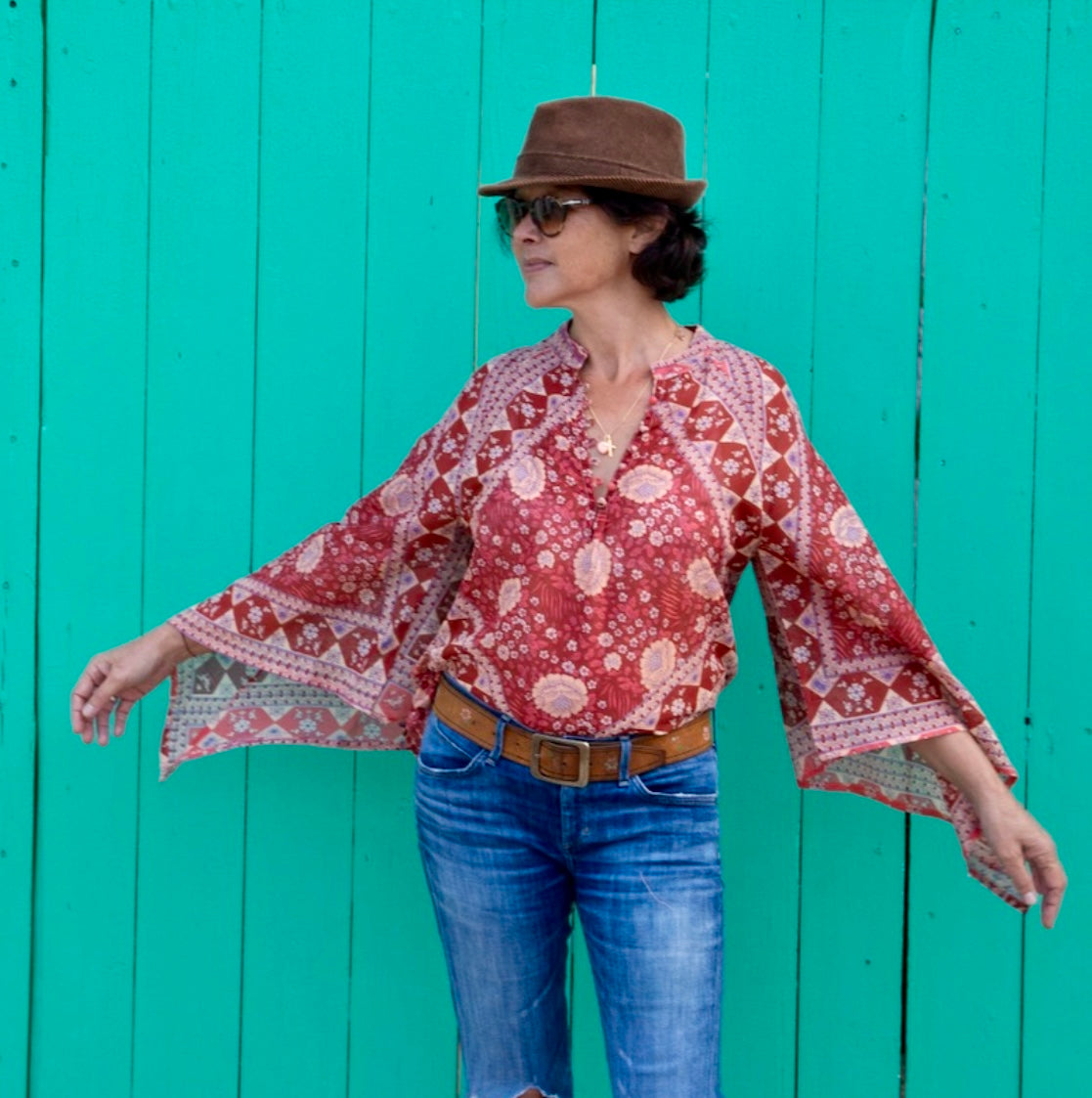 Audrey Printed Blouse Butterfly Sleeves Red