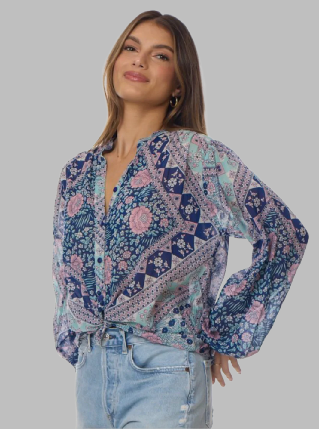 Ginger Printed Blouse Long Sleeves Patchwork Blue