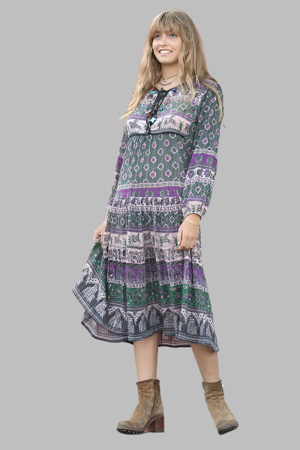 Luna Printed  Long Dress Green/Purple With Lurex